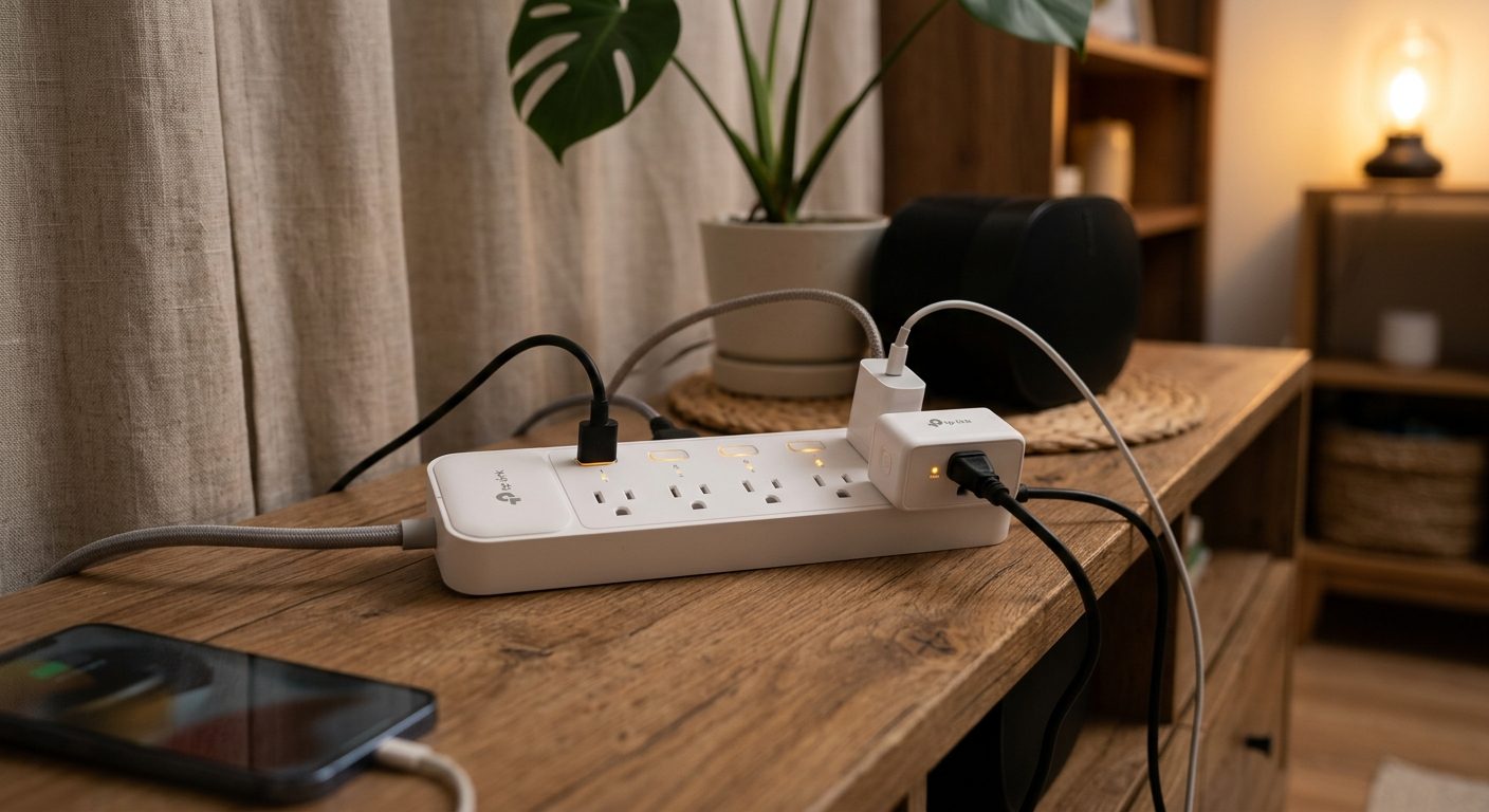 Moderne smart stikkontakter med LED-indikatorer monteret i boligopstilling, der viser energibesparelse through intelligente strømstyringsløsninger