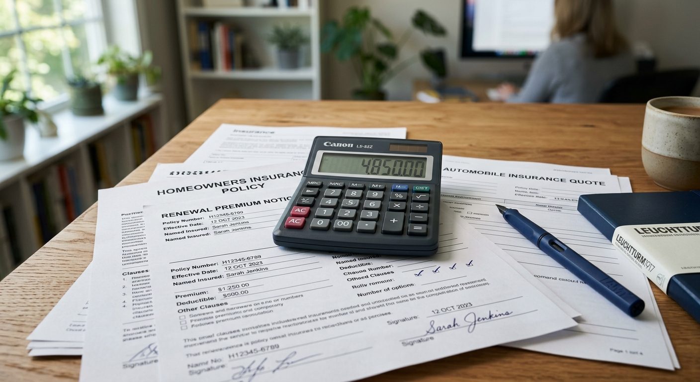 Forsikringsdokumenter og lommeregner på skrivebord til illustration af sparetips på forsikringer