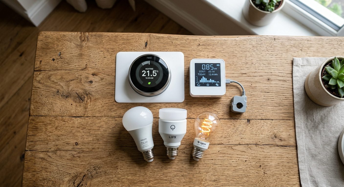 Energisparingsprodukter som termostat, el-måler og LED-pærer der hjælper med at reducere strømforbrug