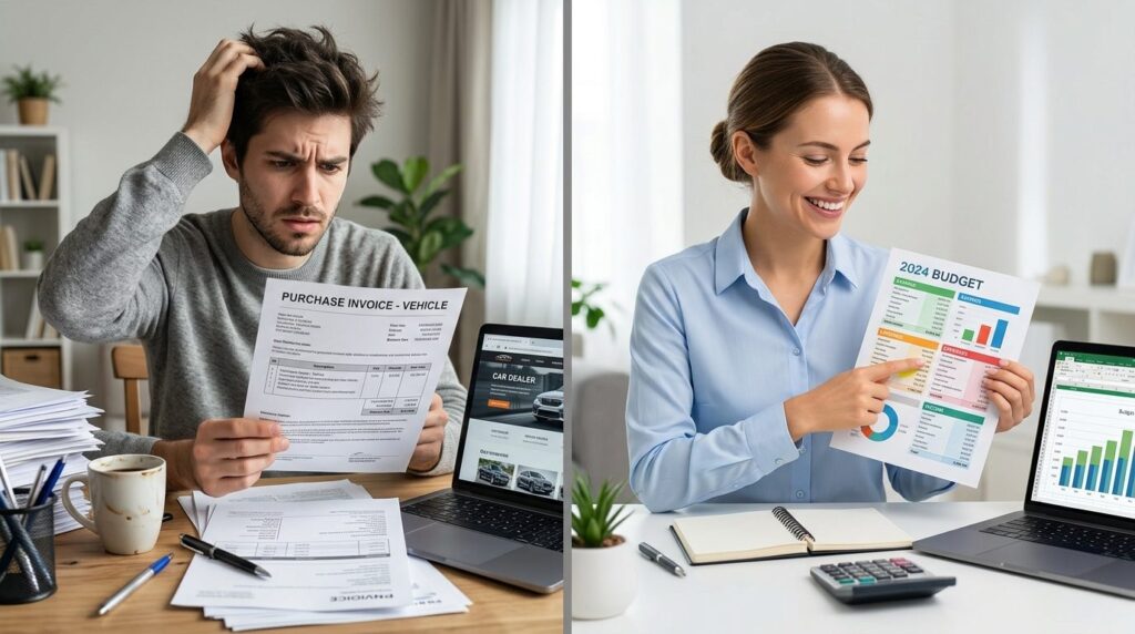 Photorealistic stock photo, 16:9 aspect ratio: Split-screen