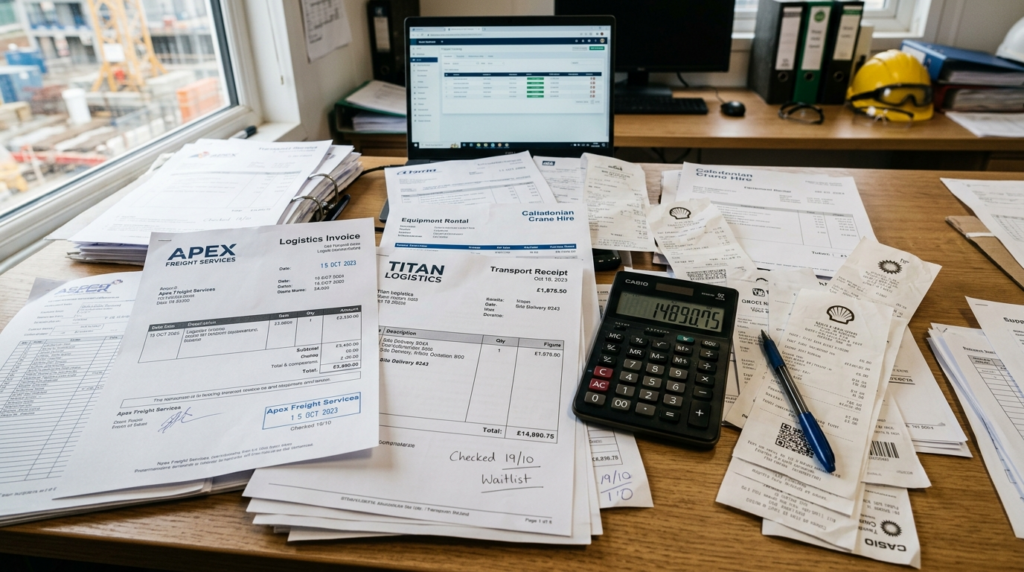 Overhead shot of scattered invoices, receipts, and cost docu