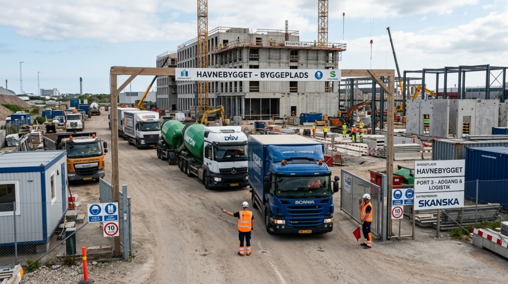 Wide angle view of multiple delivery trucks and construction