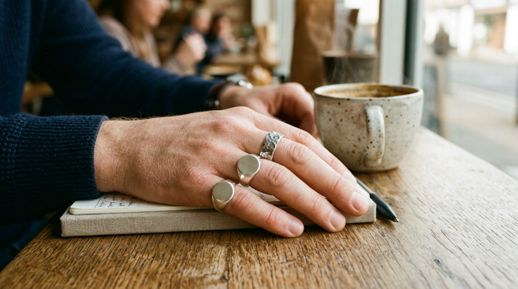 Close-up lifestyle shot of a mans hand wearing a simple sil