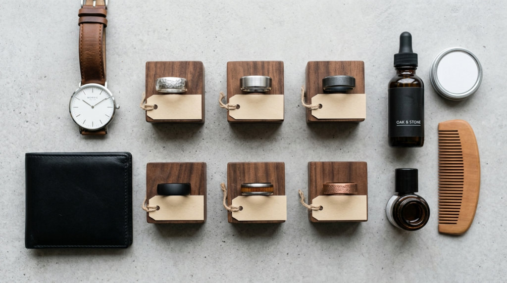 Flat lay composition showing budget-friendly mens ring opti