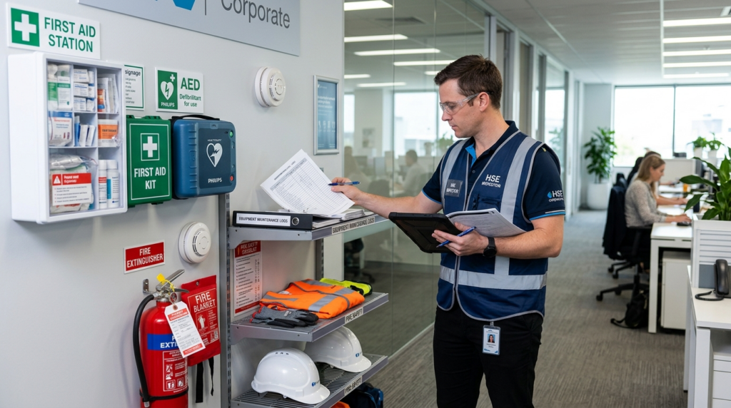 Professional photograph showing a workplace safety audit or 
