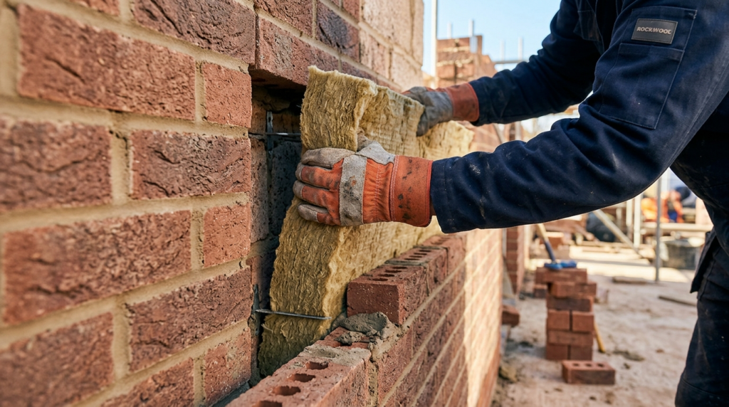 Close-up detail shot of cavity wall insulation installation