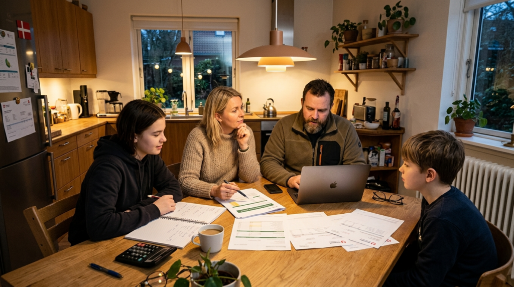 Wide shot of a Danish family reviewing heating bills and hom