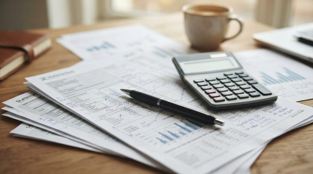 Close-up of a calculator and pen on top of Danish tax docume
