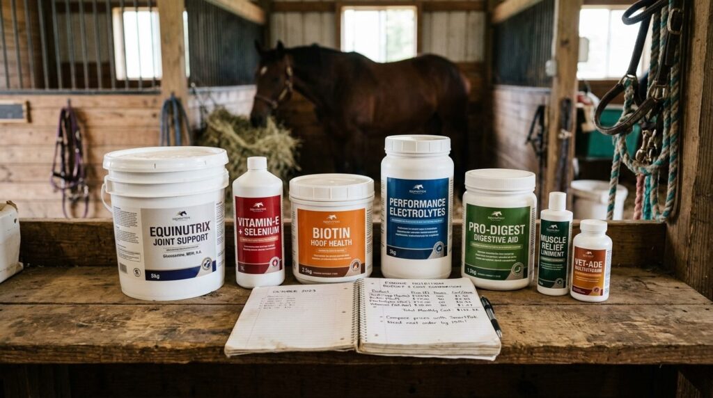 Close-up realistic image of equine supplement containers and