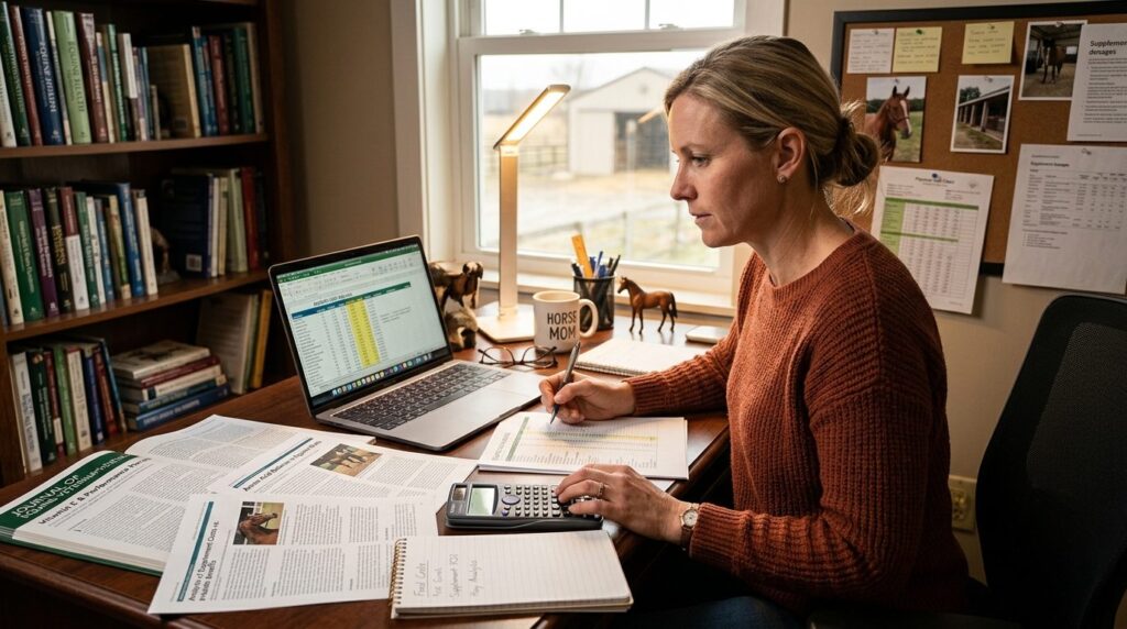 Realistic photograph of a horse owner sitting at a desk with