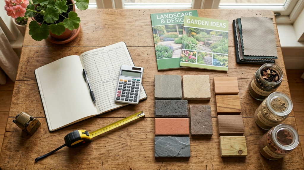 Flat lay overhead shot of garden project planning materials: