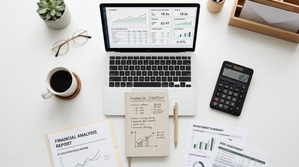 Overhead flat lay photography of financial planning workspac