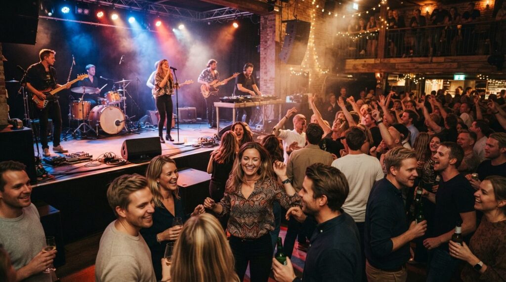 Photorealistic image of a festive party scene with a live DJ