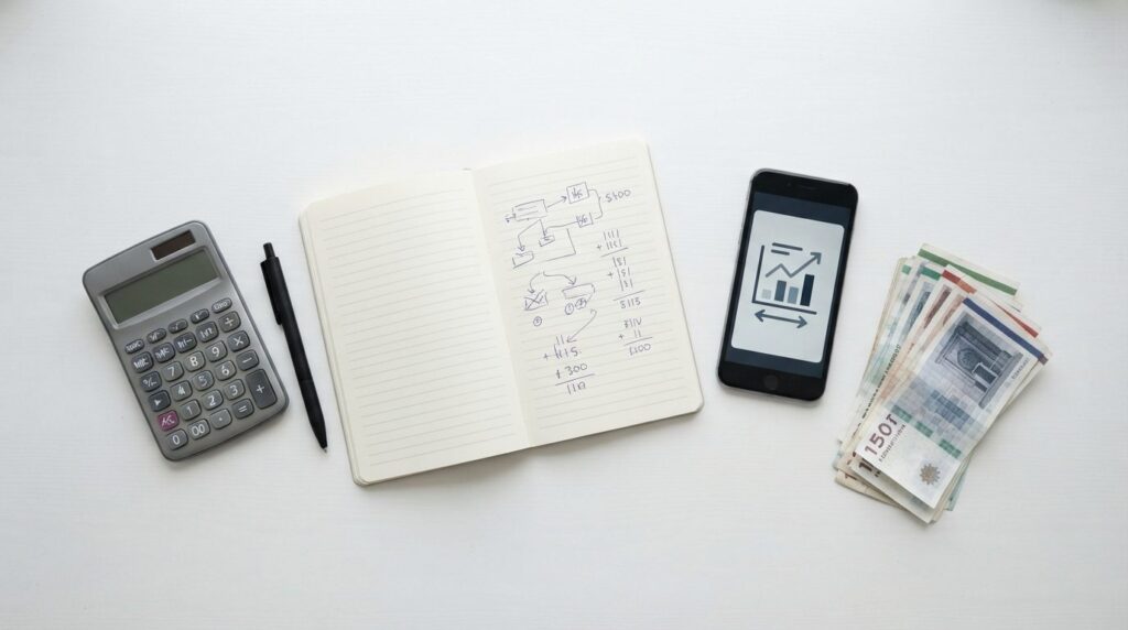 Overhead flat lay photography of financial planning tools in