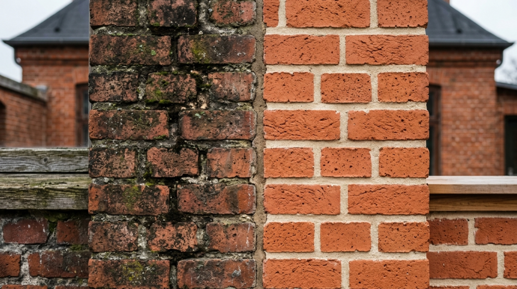 Close-up comparison shot of two brick wall sections side by