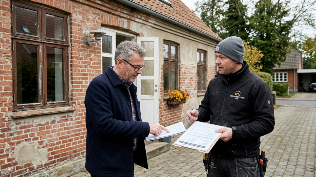 Danish homeowner and professional contractor discussing reno