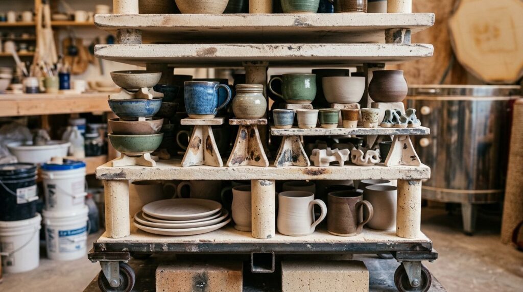 Close-up detailed view of ceramic kiln shelves and stilts ar
