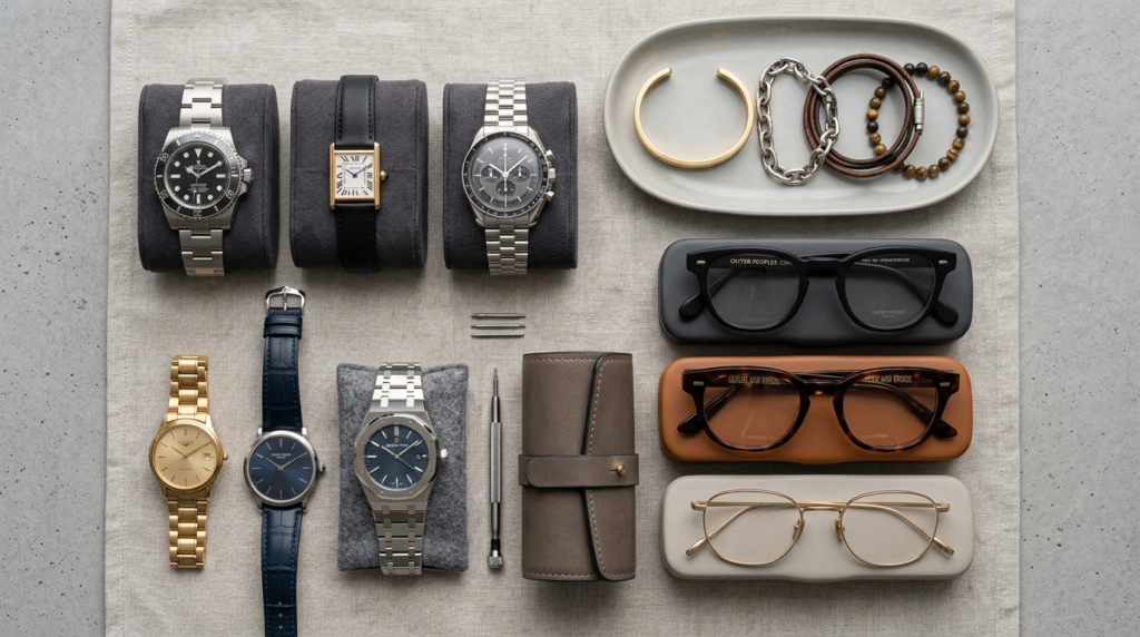 Close-up overhead flat lay of neatly organized luxury watche