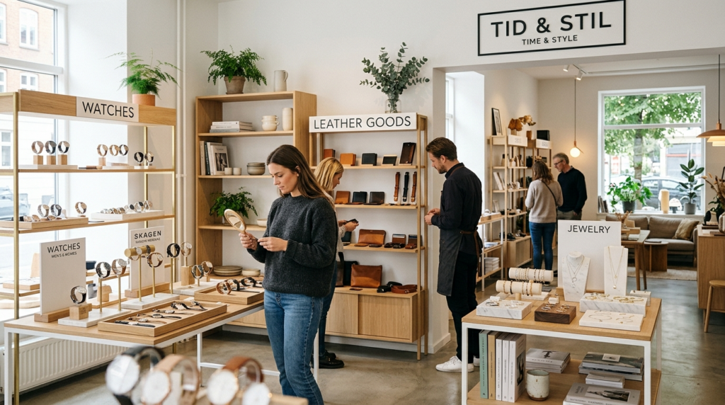 Modern retail display of curated watch and accessory collect